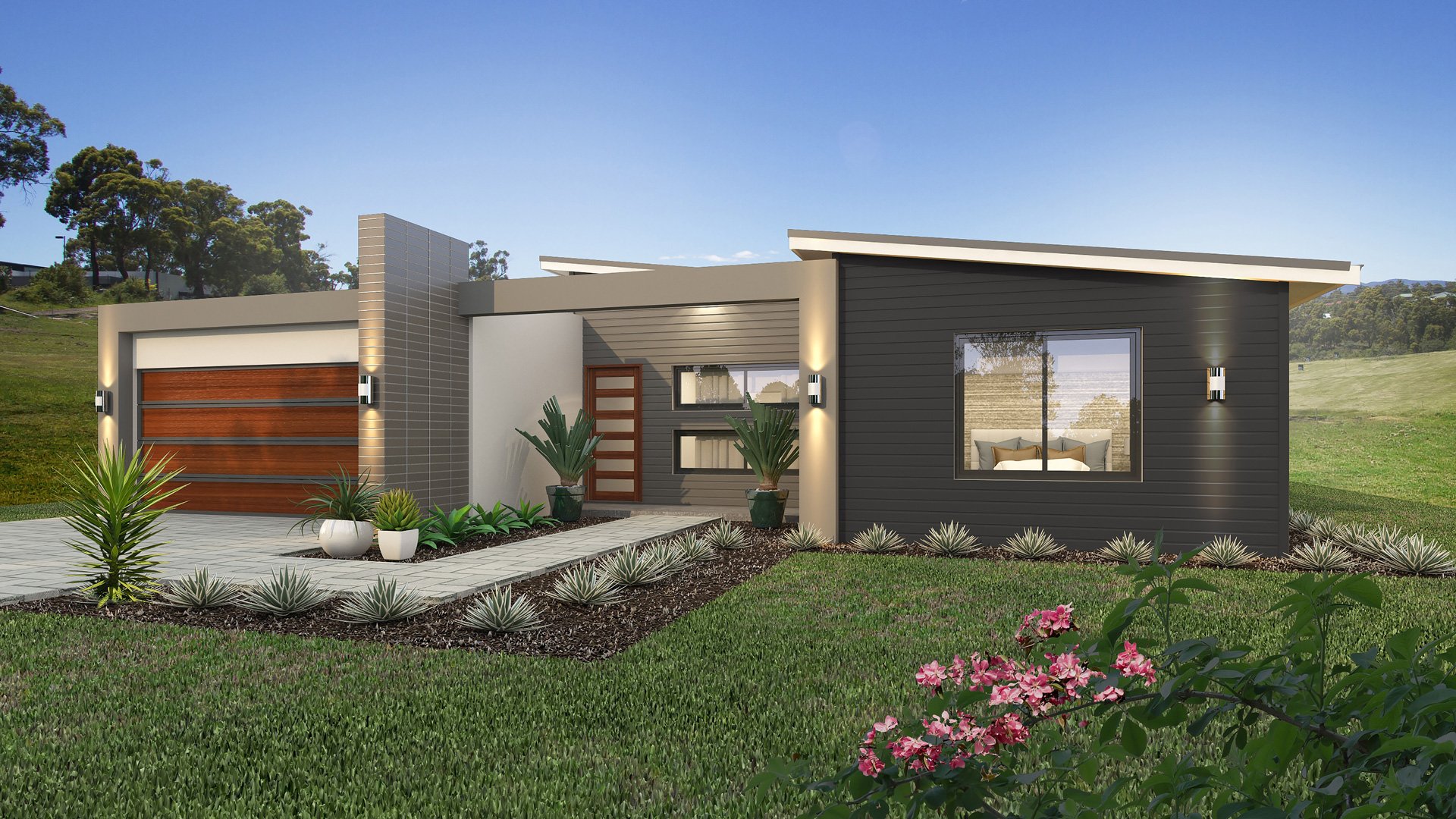 A modern modular home with garage and landscaping.