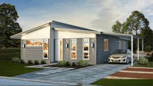 A modern house with a car parked in front. This image showcases a modular home design.