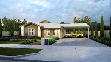 The Glades House Design with Double Carport in the Driveway and a Front Yard with a Wallkway | Evoke Living Homes 