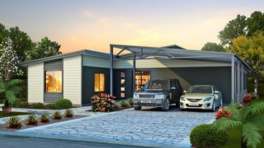 The Karana House Design with two cars parked in the driveway under the carport | Modular Homes Perth 