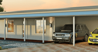 The Acadia House Design with Front Porch and Double Spaced Carport | Evoke Home Living 