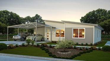 The Hamelin House Design with two cars parked in the driveway under the carport and a small garden and walkway | Modular Homes Western Australia 