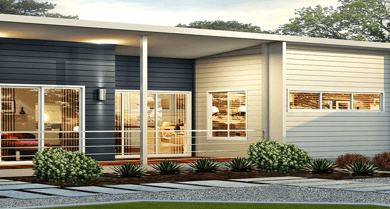 A modular home with a porch and deck, showcasing modern design and functionality.