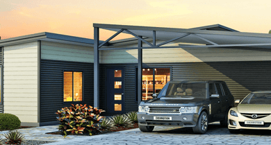 A modular home with two cars parked in front, showcasing modern design and convenience.