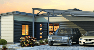 The Karana House Design with Double Car Spaced Driveway under Carport and a Walkway | Evoke Living Homes 