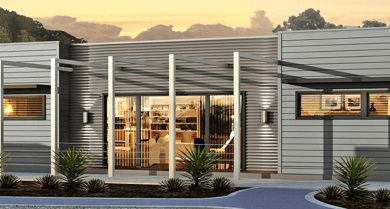 A sleek modular home with glass door and windows.