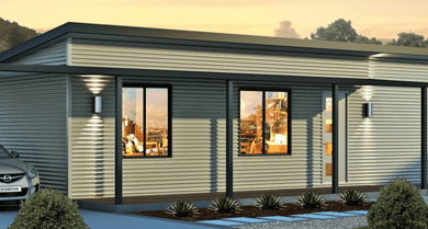 A modular home with a car parked outside, showcasing innovative designs for compact living.