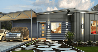 A modular home with a car parked in front, showcasing modern and efficient design.