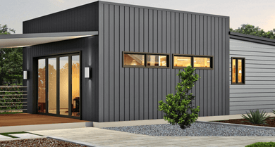 A modular home design featuring a small house with a deck and porch, providing a cozy and inviting living space.