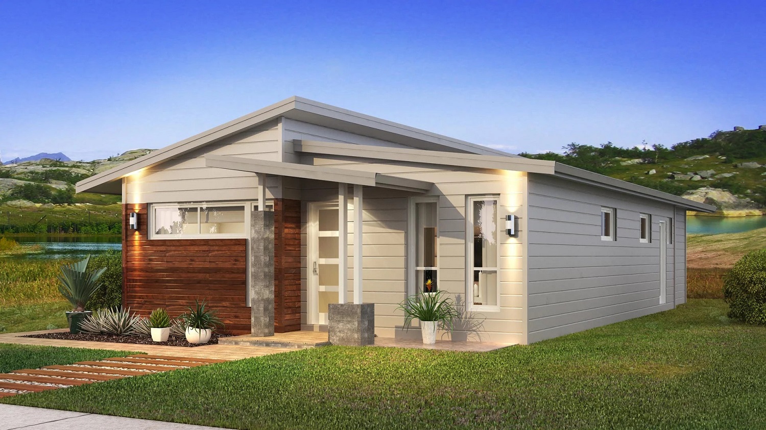 A modular home design featuring a small house with a front porch and a yard.