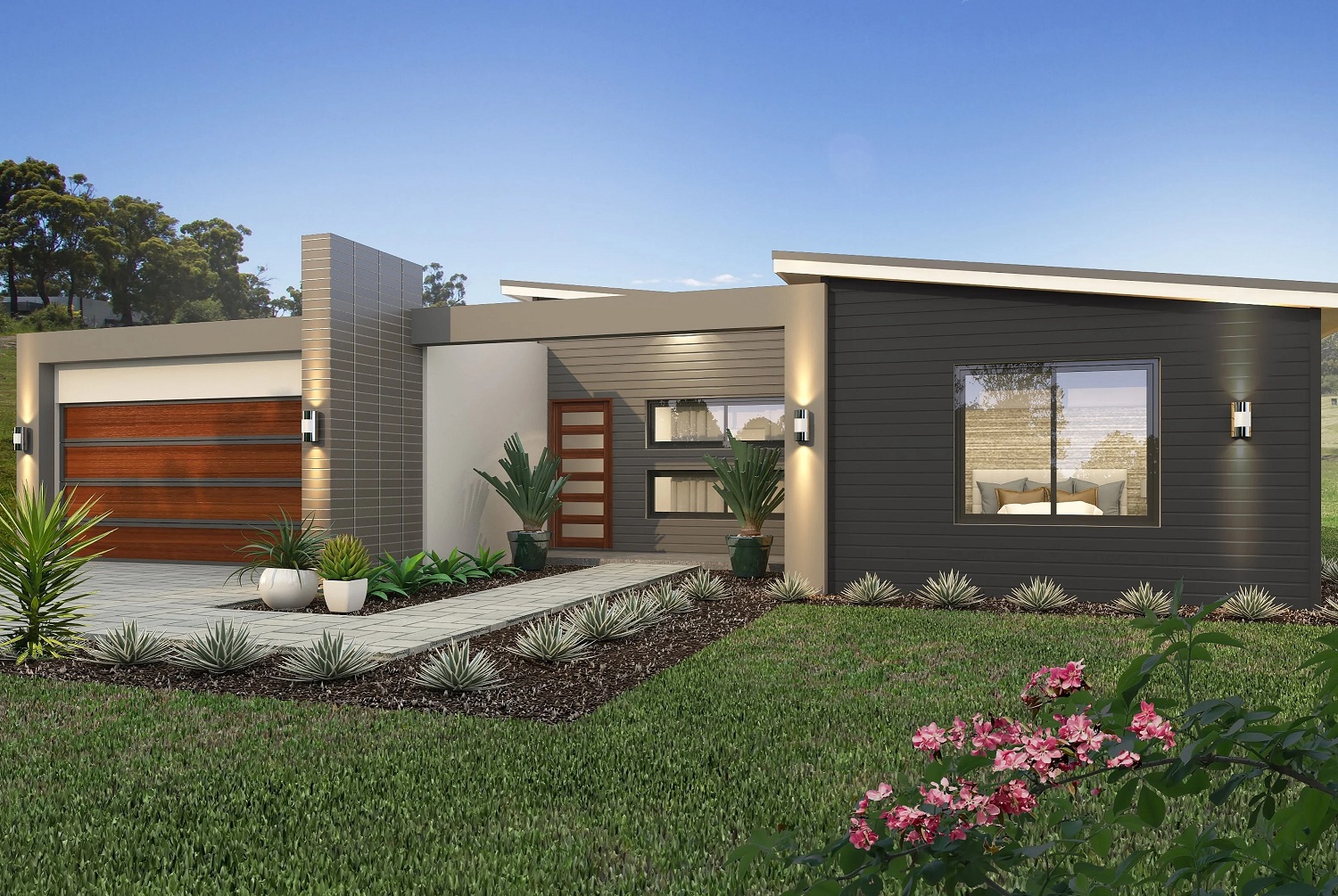A modern modular home with garage and landscaping.